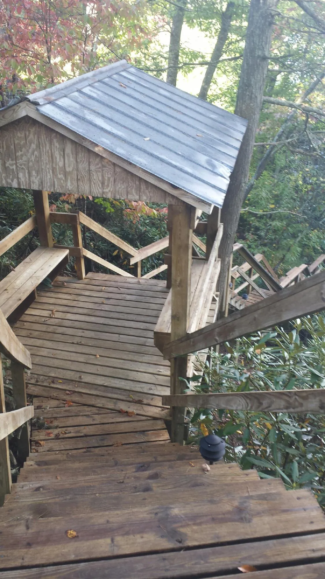 Metal roofed shelter over wooden steps on a wooded walkway — Skylight Repair & Installation work by our crew in Eagle Bridge